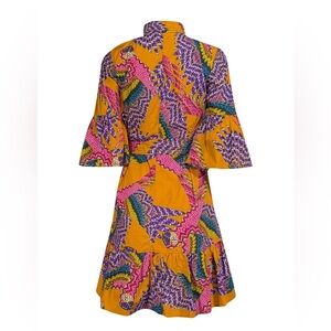 Farm‎ Rio Large Macaw Print Poplin Belted Mini Dress Orange Mutli Boho Colorful